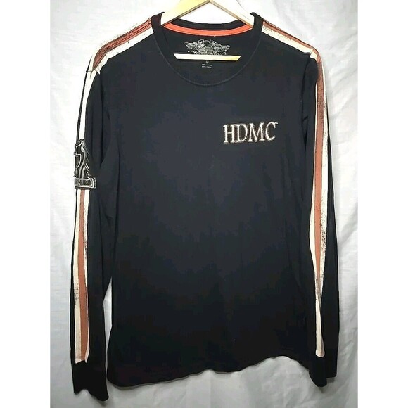 Harley Davidson Mens Shirt, Sz Large Black Orange White Stripe No. 1 Patch - Picture 1 of 9